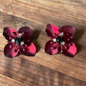 Deep Crimson Flower Black Rhinestone Metal Earrings, Vintage Inspired